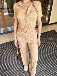 Beige Crew Neck Long Arm Without Accessories Cotton Elastic Trousers Comfortable Suit