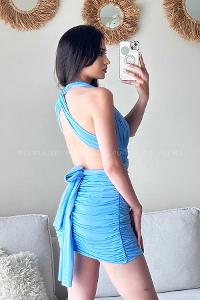 Light Blue Scope Neck Knitwear Unprinted Dresess