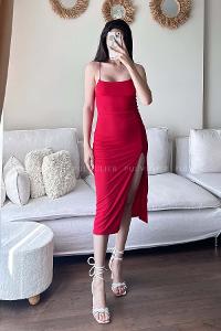 Red Scope Neck Knitwear Unprinted Dresess