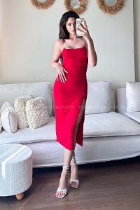 Red Scope Neck Knitwear Unprinted Dresess