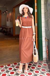 Bitter Brown Scope Neck Knitwear Unprinted Dresess