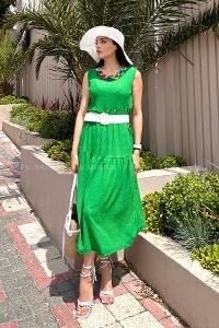 Green Scope Neck Knitwear Unprinted Dresess