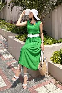 Green Scope Neck Knitwear Unprinted Dresess