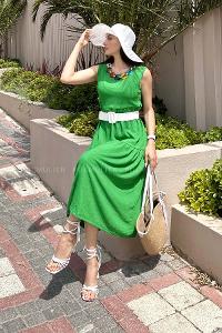 Green Scope Neck Knitwear Unprinted Dresess
