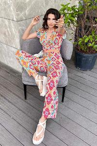Fuchsia Lower V Neck Half Arm Arm Without Accessories Silk Flared Trousers Comfortable Suit