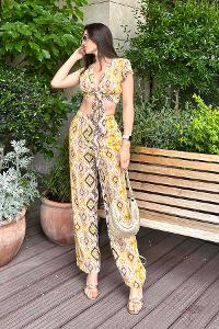 Yellow Lower V Neck Half Arm Arm Without Accessories Silk Flared Trousers Comfortable Suit