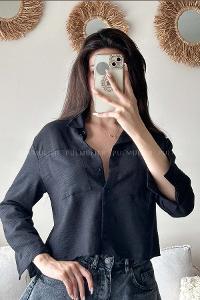 Black Shirt Collar Long Arm Cotton Fabric Unprinted Shirt