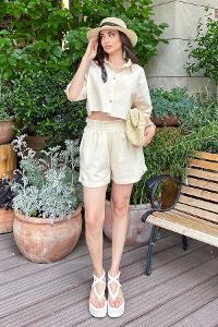 Stone Shirt Collar Short Arm Without Accessories Linen Regular Trousers Linen Suit