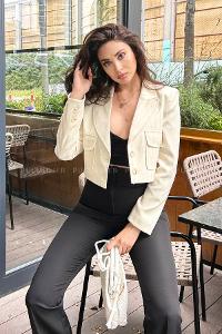 Cream Scoop Neck Long Arm Stamp Fabric Jacket