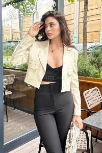 Cream Scoop Neck Long Arm Stamp Fabric Jacket