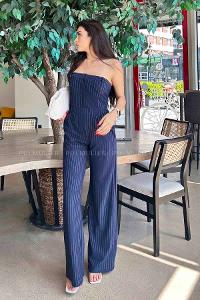 Navy Blue Shirt Collar Denim Unprinted Overalls