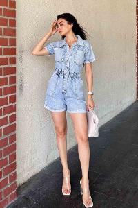 Light Blue Shirt Collar Denim Unprinted Overalls