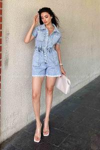 Light Blue Shirt Collar Denim Unprinted Overalls