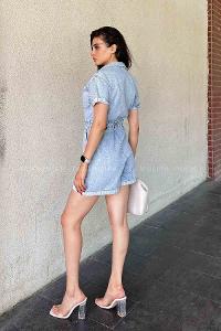 Light Blue Shirt Collar Denim Unprinted Overalls