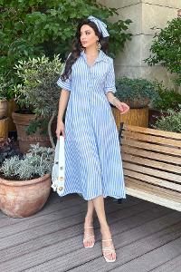 Light Blue Scope Neck Knitwear Unprinted Dresess