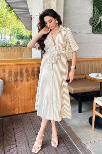 Beige Scope Neck Knitwear Unprinted Dresess