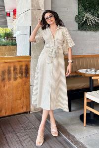 Beige Scope Neck Knitwear Unprinted Dresess