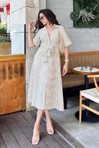 Beige Scope Neck Knitwear Unprinted Dresess