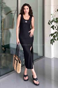 Black Scope Neck Knitwear Unprinted Dresess