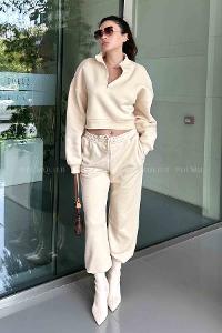 Beige Crew Neck Long Arm Without Accessories Cotton Elastic Trousers Comfortable Suit