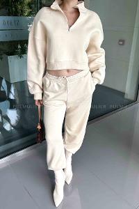 Beige Crew Neck Long Arm Without Accessories Cotton Elastic Trousers Comfortable Suit