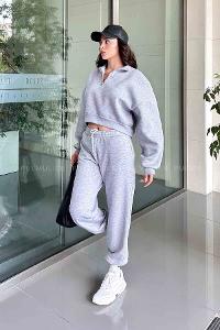 Gray Crew Neck Long Arm Without Accessories Cotton Elastic Trousers Comfortable Suit