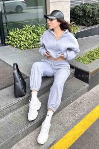 Gray Crew Neck Long Arm Without Accessories Cotton Elastic Trousers Comfortable Suit
