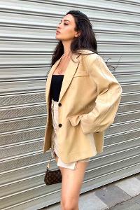 Beige Scoop Neck Long Arm Stamp Fabric Jacket