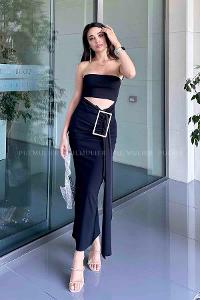 Black Scope Neck Knitwear Unprinted Dresess