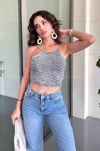 Anthracite Crew Neck Zero Arm Knitwear Crop