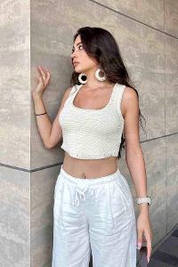 Cream Crew Neck Zero Arm Knitwear Crop