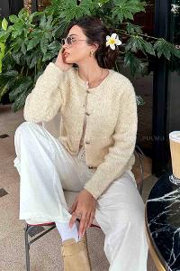 Beige V Neck Long Arm Knitwear Cardigan