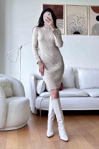 Cream Scope Neck Knitwear Unprinted Dresess