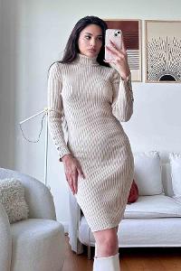 Cream Scope Neck Knitwear Unprinted Dresess