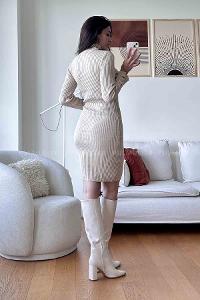 Cream Scope Neck Knitwear Unprinted Dresess