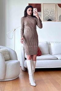 Soft Brown Scope Neck Knitwear Unprinted Dresess