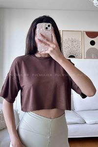 Bitter Brown Normal Neck Short Arm Cotton Fabric Crop