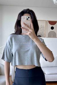 Gray Normal Neck Short Arm Cotton Fabric Crop