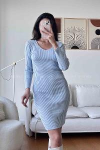 Baby Blue Scope Neck Knitwear Unprinted Dresess