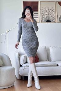 Gray Scope Neck Knitwear Unprinted Dresess