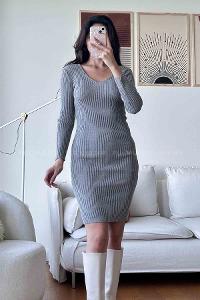 Gray Scope Neck Knitwear Unprinted Dresess