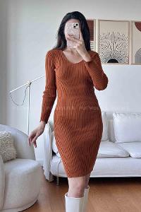 Tan Scope Neck Knitwear Unprinted Dresess