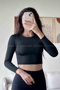 Black Normal Neck Short Arm Cotton Fabric Crop