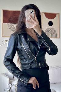 Black Shirt Collar Long Arm Faux Leather Skin Jacket