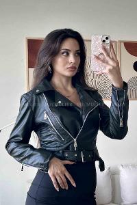 Black Shirt Collar Long Arm Faux Leather Skin Jacket