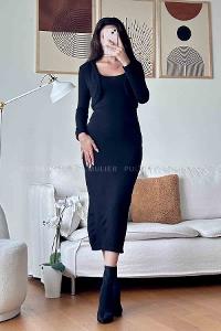 Black Scoop Neck Acrylic Knitwear Unprinted Dresess