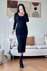 Black Scoop Neck Acrylic Knitwear Unprinted Dresess