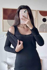 Black Scoop Neck Acrylic Knitwear Unprinted Dresess