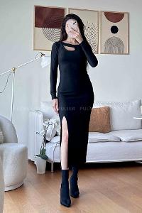 Black Scope Neck Knitwear Unprinted Dresess