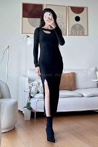 Black Scope Neck Knitwear Unprinted Dresess